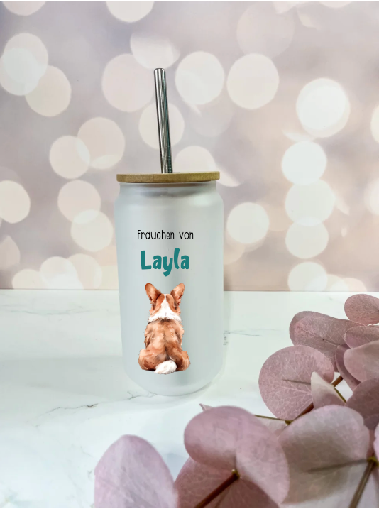 Trinkglas für Hunde Frauchen, mit Deckel und Trinkhalm
