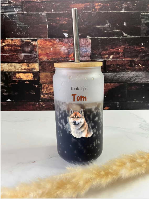 Trinkglas Hundepapa, mit Deckel und Trinkhalm