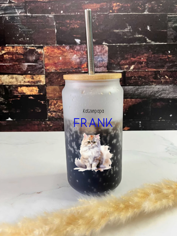 Trinkglas Katzenpapa, mit Deckel und Trinkhalm