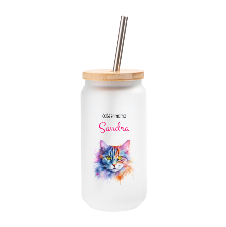 Trinkglas Katzenmama, mit Deckel und Trinkhalm