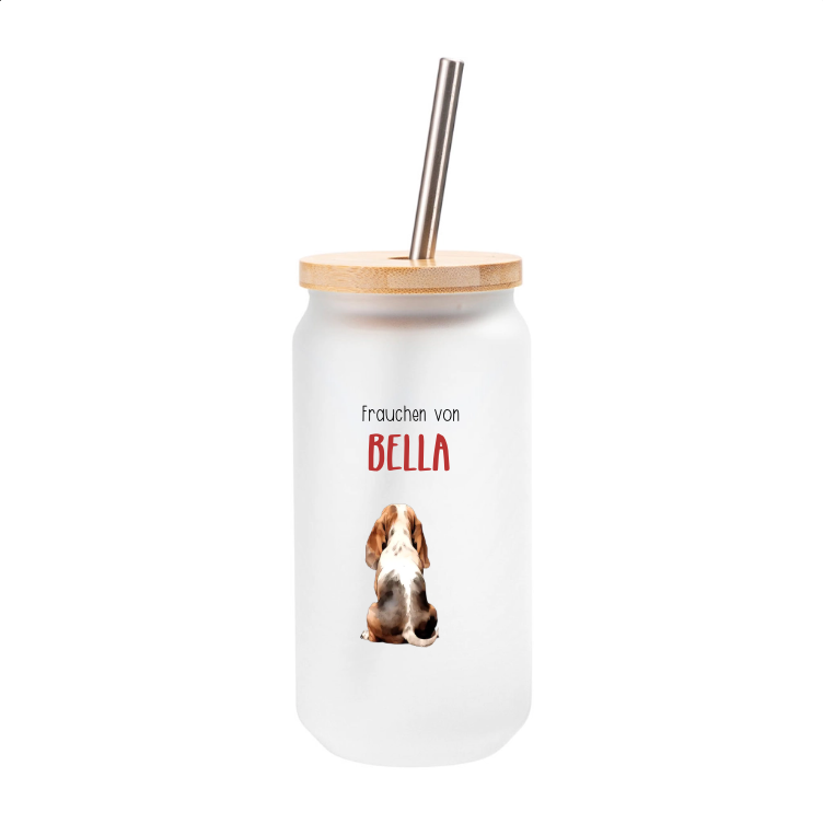 Trinkglas für Hunde Frauchen, mit Deckel und Trinkhalm