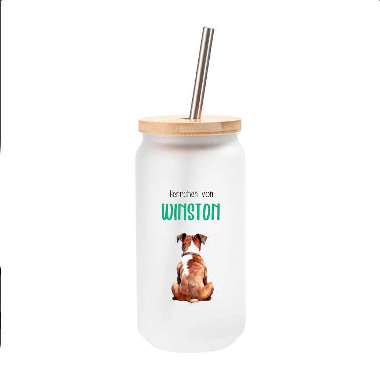 Trinkglas für Hunde Herrchen, mit Deckel und Trinkhalm