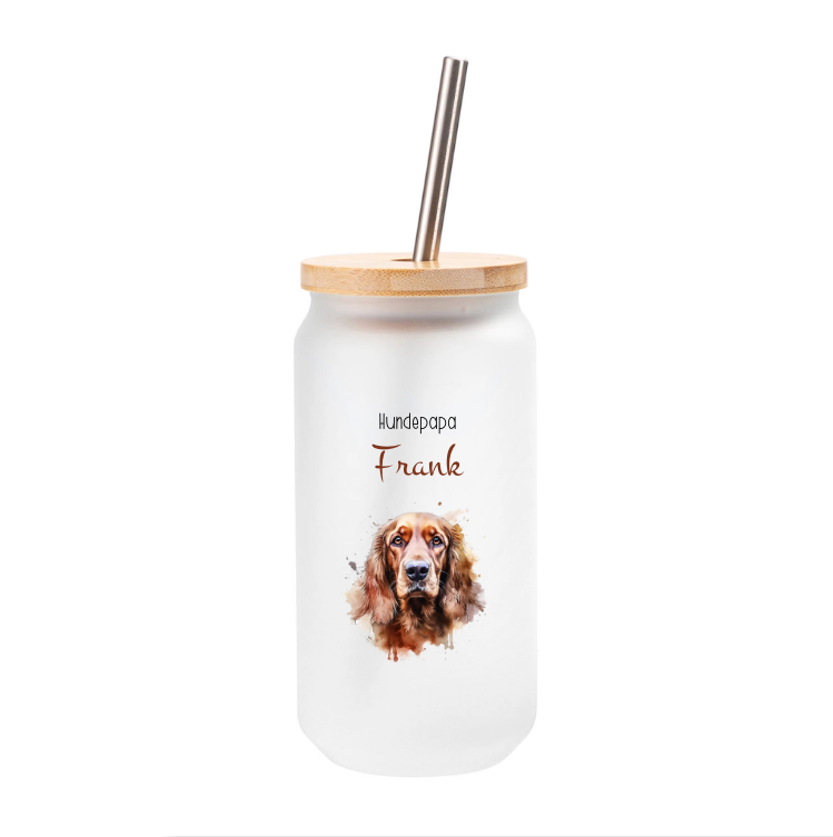 Trinkglas Hundepapa, mit Deckel und Trinkhalm