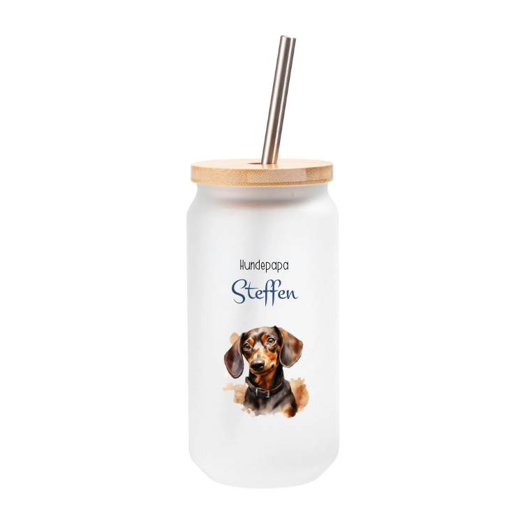Trinkglas Hundepapa, mit Deckel und Trinkhalm