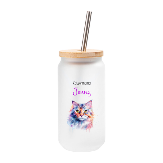 Trinkglas Katzenmama, mit Deckel und Trinkhalm