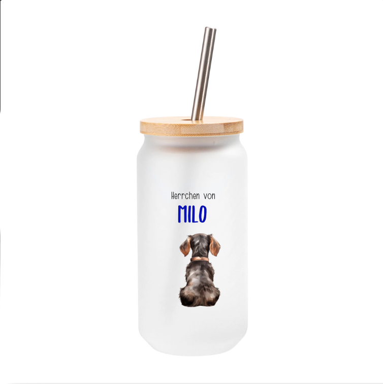 Trinkglas für Hunde Herrchen, mit Deckel und Trinkhalm