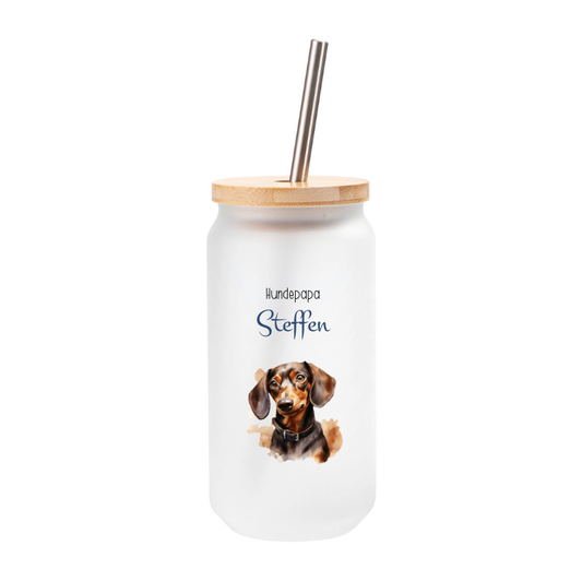 Trinkglas Hundepapa, mit Deckel und Trinkhalm